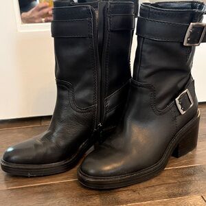 Vince Camuto Genuine Leather Black Combat Boots with Buckle Detail